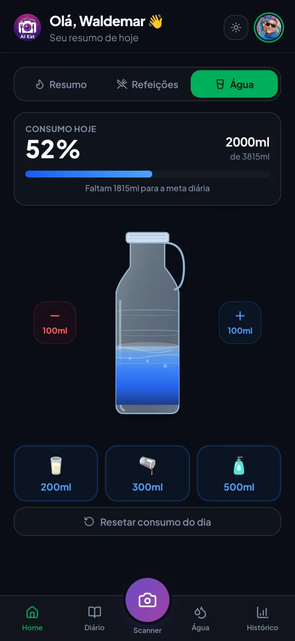 Tela real de hidratação do AI-Eat com progresso, garrafa e atalhos de volume